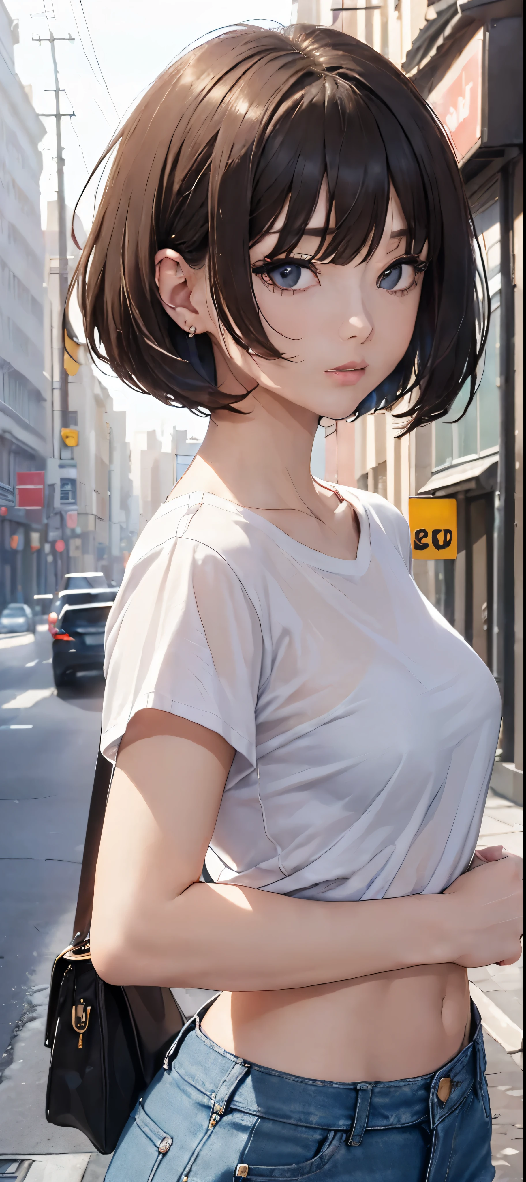 (top-quality、8K、masterpiece:1.3))、sharp focus:1.2、Beautiful woman perfect body:1.4、Slim abs:1.2、((Bob Hair、:1.2))、(White T-shirt、denim:1.1)、(Sateen、a street:1.2)、wetbody:1.5、Three-dimensional texture、A detailed eye、Brown hair、posterior view
