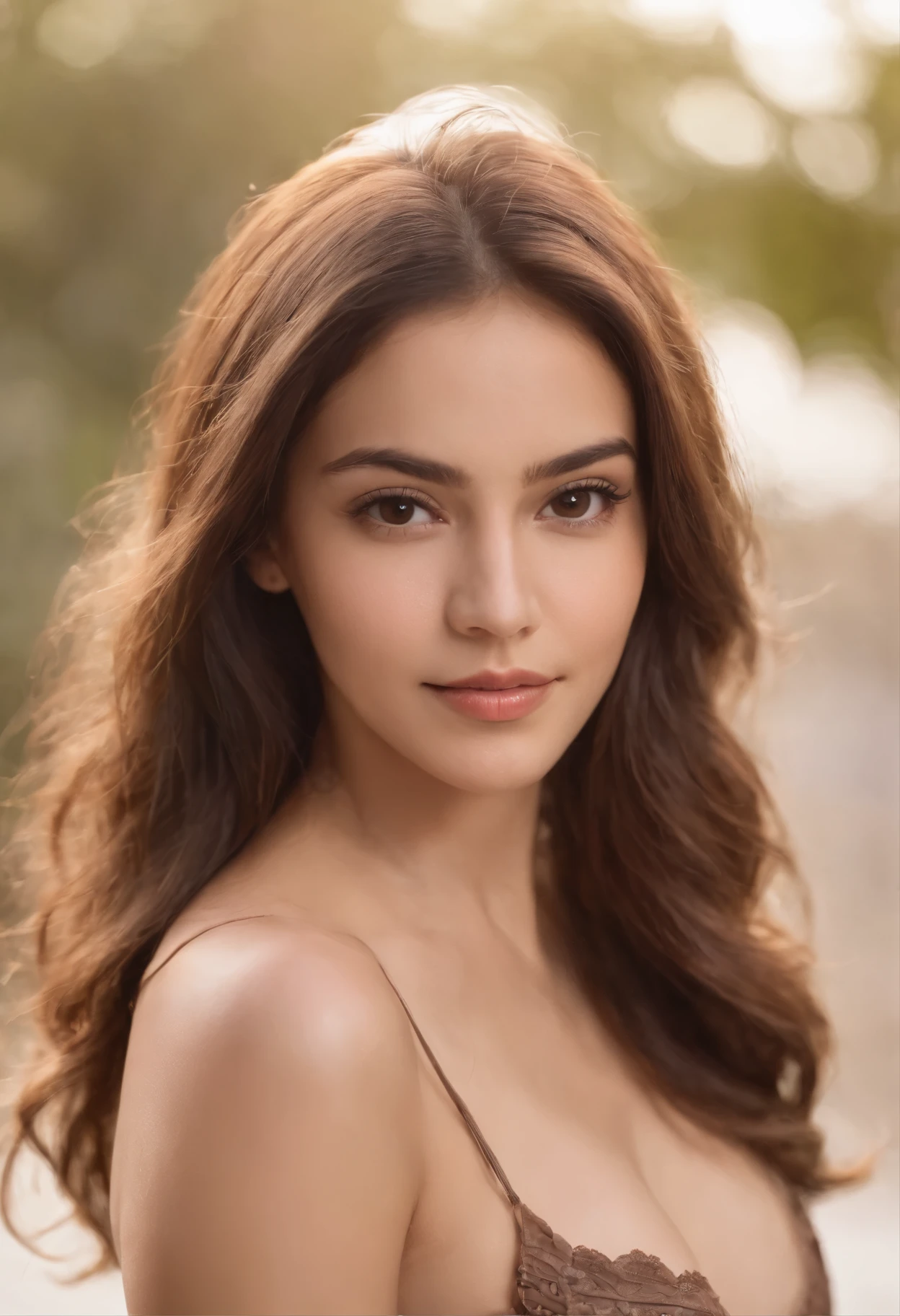 Mexican girl, 26 years, Brown hair, Brown eyes, portrait, pretty Woman, Moisturized Eyes, Casual wear, Beautiful face, young sexy, nice smile, busty, bikini top,Other position,other property, best existing quality, backlight, smiling