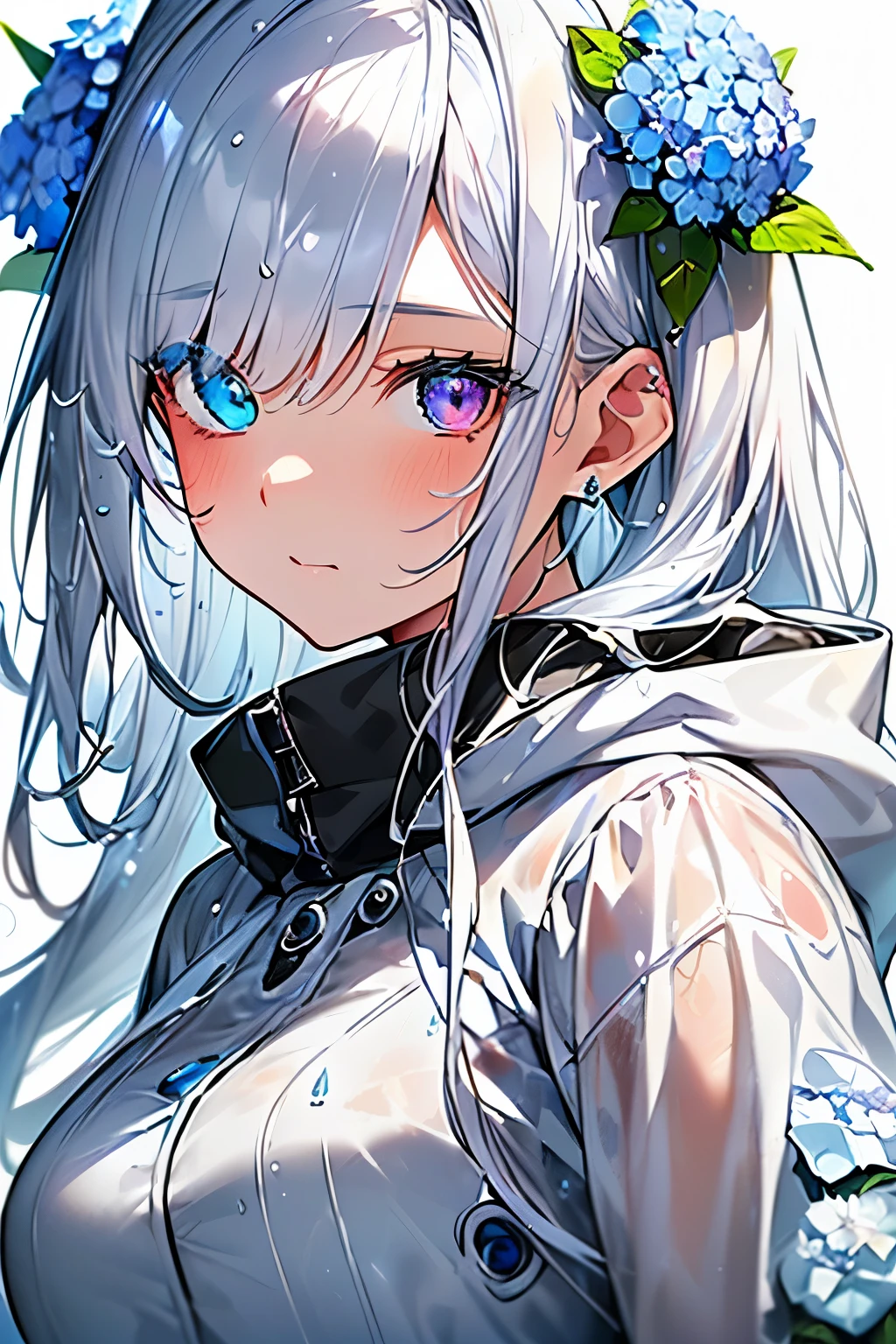 Best quality、photorealistic、super detail、delicate、orderly、high detail、bluish silver ponytail、(droopy iris of heterochromia,glowing eyes:1.3)、slender、(1 girl:1.2)、(dynamic angle、Blue hydrangea、Girl wearing a rain parka、get wet、cinematic concept art、white background、beauty of nature:1.3)、