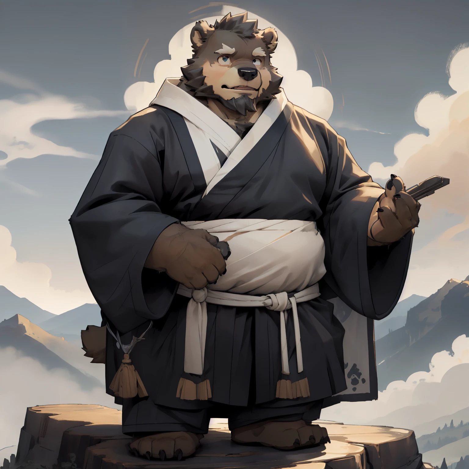 New Jersey 5 Hairy, Bear，Full body portrait of an individual, middle aged男性,exquisite，round face， chubby，Fat，thick arms，plush fur，Mountain Top，Cloud，shrouded in mist，Monk，middle aged，全套Xian Xia服装，Taoist robe，Cultivation，Xian Xia，calm，majesty，Heavy beard