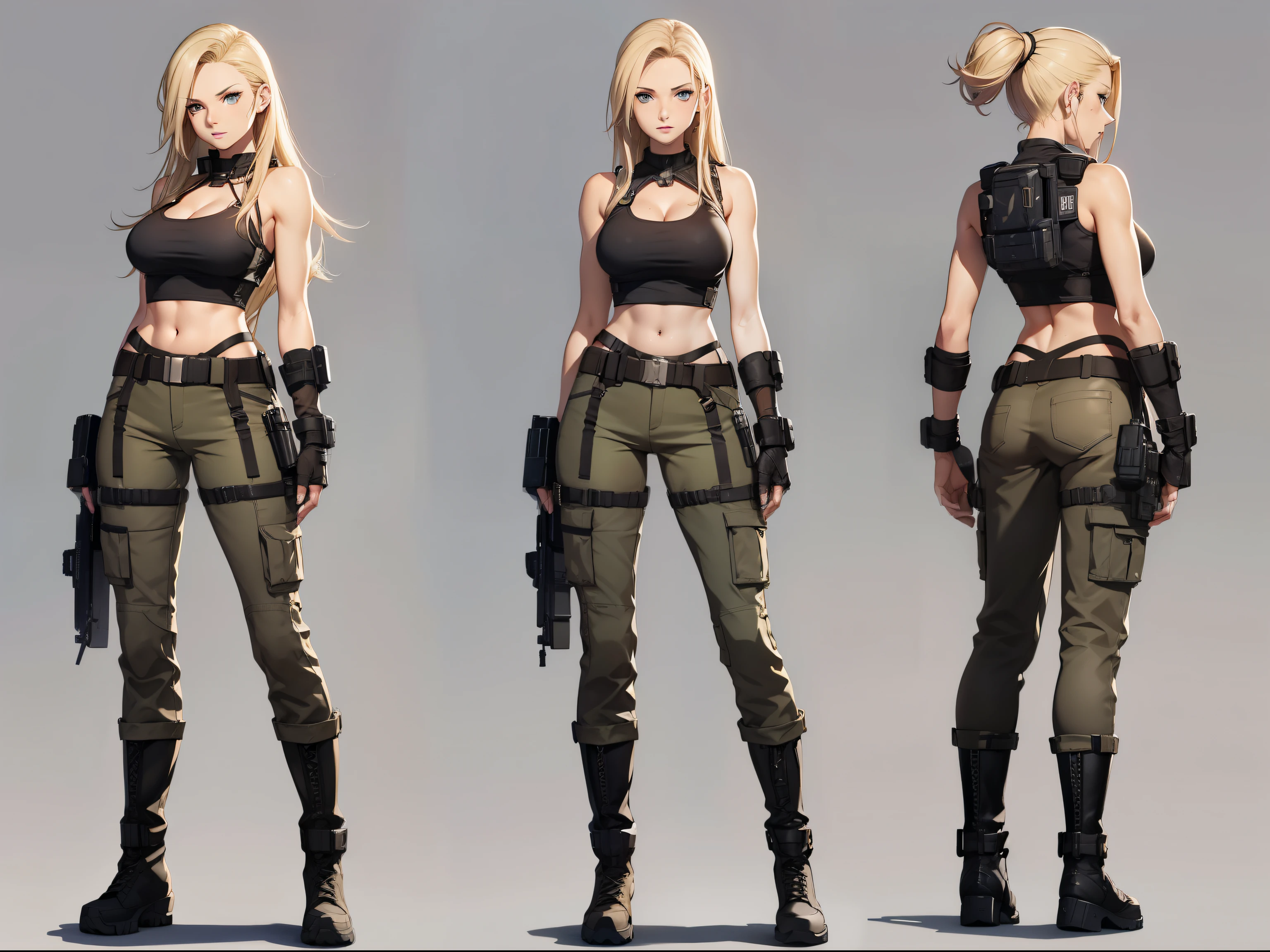 A woman, 20 years old, long blonde hair, tall boots, aesthetic body, tank top, stylish, futuristic, cleavage, desert military pants, tech equipment, Jill valentine, dog tag, various angles, (front, back, side), character sheet, model sheet, reference sheet.