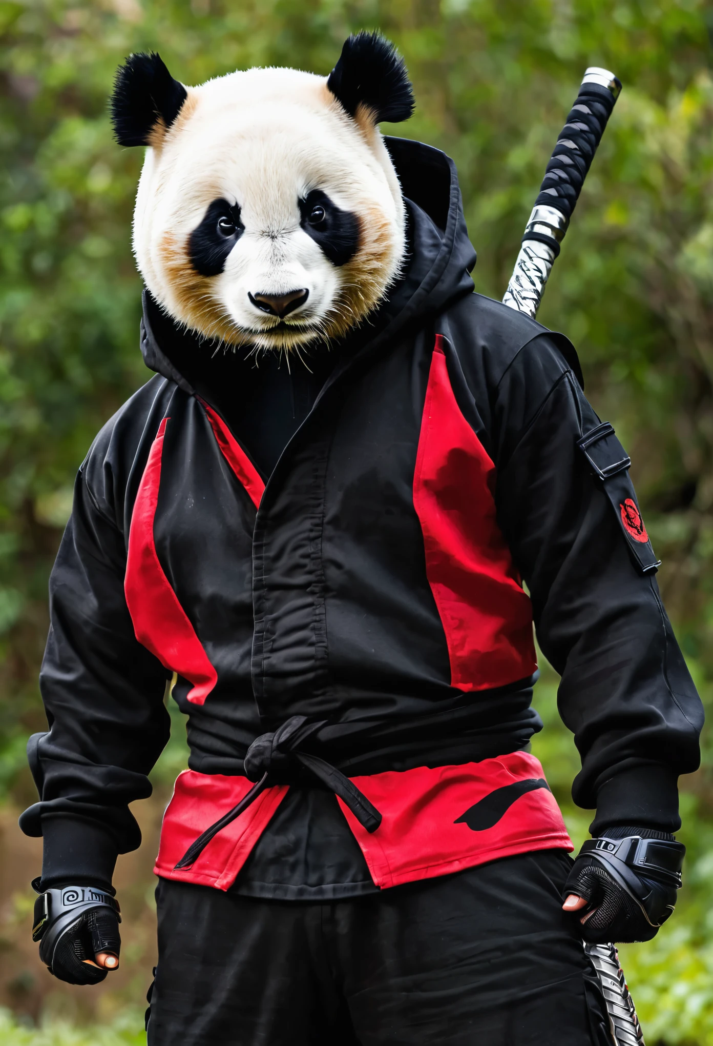 Um panda raivoso com jaqueta e capuz vermelho escrito P7 no capuz segurando 2 espadas ninja e do lado um touro negro raivoso