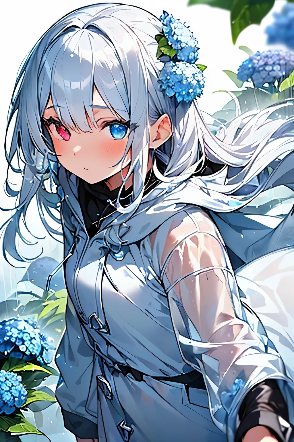 Best quality、photorealistic、super detail、delicate、orderly、high detail、bluish silver ponytail、(droopy iris of heterochromia,glowing eyes:1.3)、slender、(1 girl:1.2)、(beauty of nature、Blue hydrangea、Girl wearing a rain parka、get wet、cinematic concept art、white background、dynamic angle:1.3)、