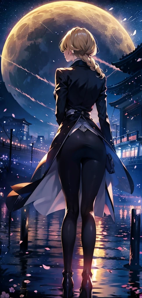 blonde woman,long coat,Rear view,silhouette,starry sky,full moon,Cherry blossoms at night,