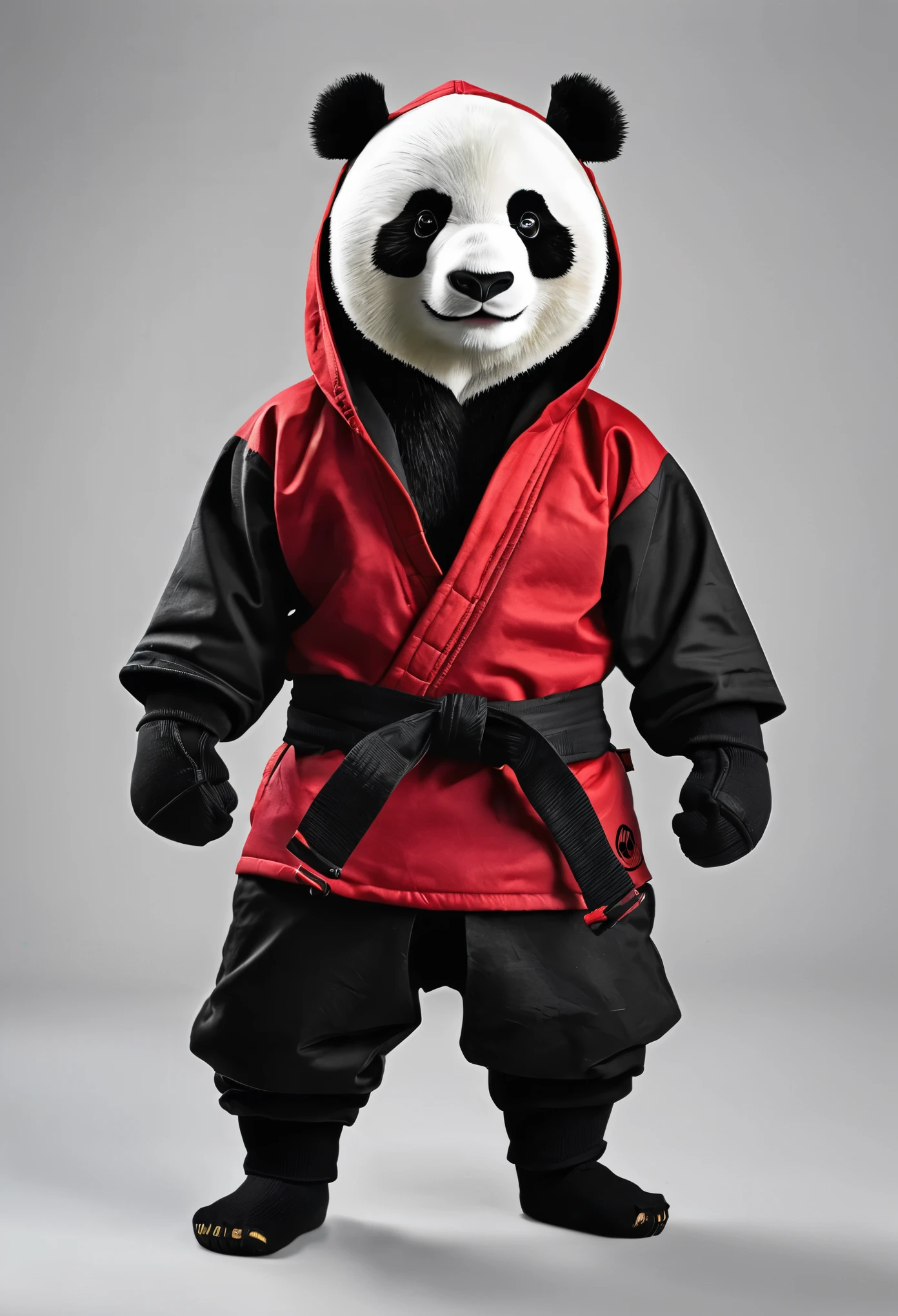 Um panda raivoso com jaqueta e capuz vermelho escrito P7 no capuz segurando 2 espadas ninja e do lado um touro negro raivoso