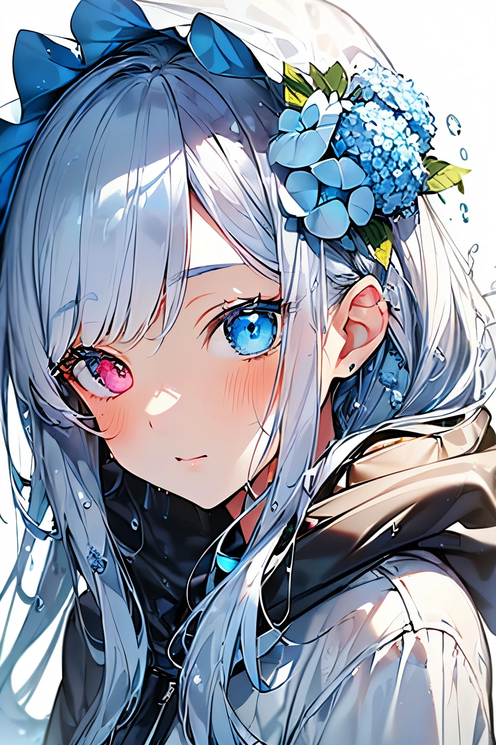 Best quality、photorealistic、super detail、delicate、orderly、high detail、bluish silver ponytail、(droopy iris of heterochromia,glowing eyes:1.3)、slender、(1 girl:1.2)、(beauty of nature、Blue hydrangea、Girl wearing a rain parka、get wet、cinematic concept art、white background、dynamic angle:1.3)、
