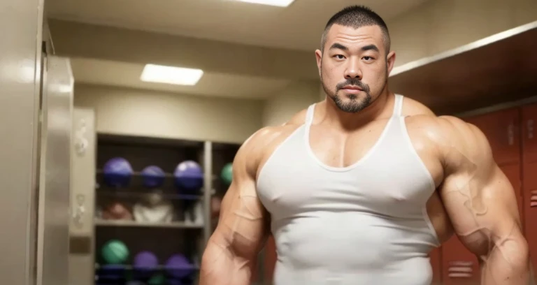 (glairing bodybuilder:1.4), (at locker room:1.4), 40's, (Japanese face:1.4), (Korean face:1.4), (Chinese face:1.4), (Taiwanese face:1.4), manly face, fat face, (round face:1.4), (monolid eyes:1.2), (buzz cut:1.5), very large and strong body, bulky body, beefy muscles, (bulging muscles:1.4), (very large pectoral muscles:1.4), (muscular arms:1.4), muscular abs, muscular legs, muscular back, bright oily skin, (realistic:1.2), distant view