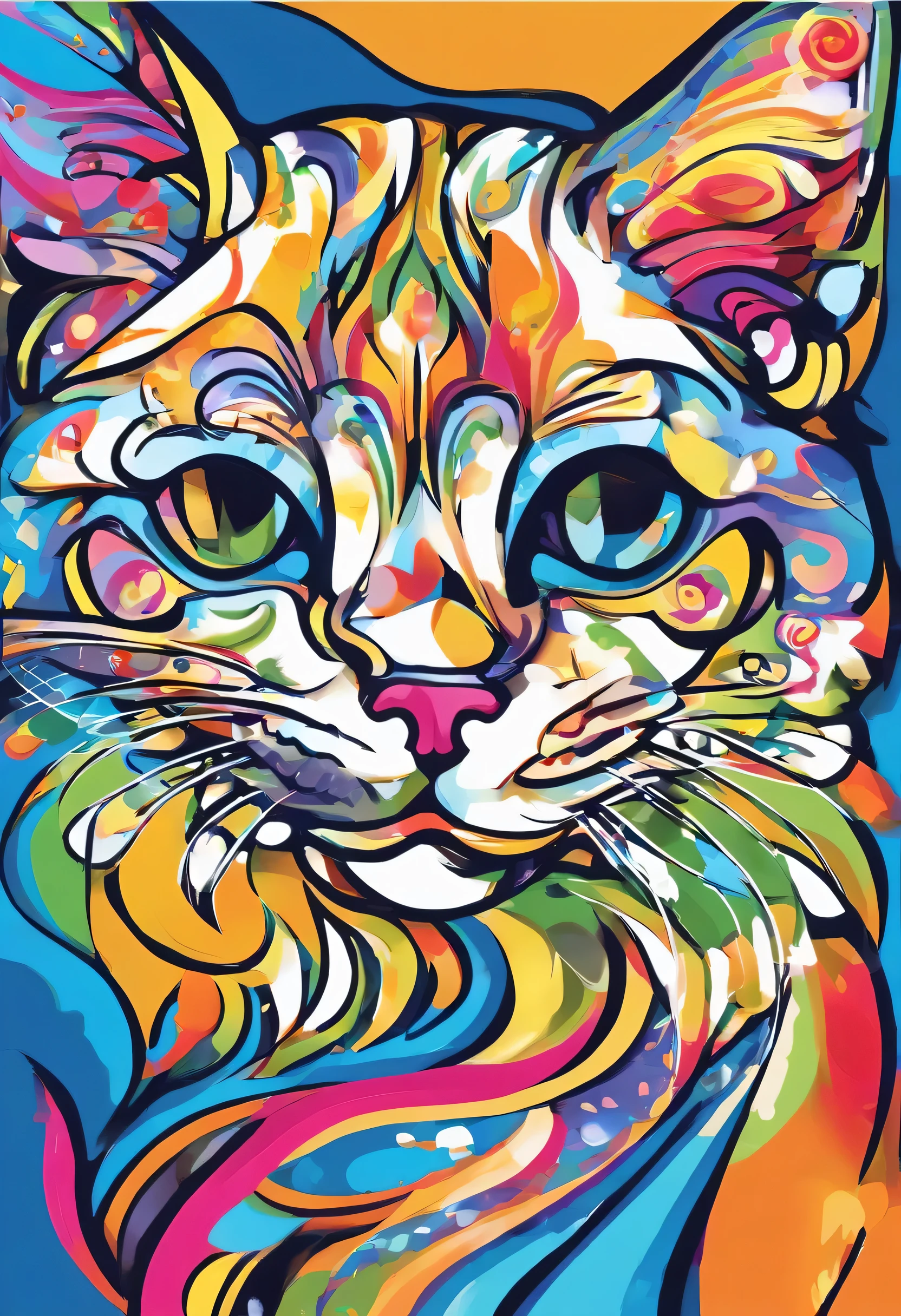 Cat、ROMERO BRITTO STYLE、Features of ROMERO BRITTO、ROMERO BRITTO'S BRUSH STROKE,The composition of beauty,ROMERO BRITTO STYLE, Dynamic and popping strokes、Shape that suggests discovery、White clematis symbolizes purity and mystery.、Expressing unexpected developments and feelings of surprise、The main color of the work is bright sky blue.、Bright and colorful tones、Add moist compacted sand、Enhances the texture and tactile elements of your artwork, While staring at this image, you、Interaction of color and texture、Immerse yourself in the feeling of wonder、guided by surprise、Flowers radiate bursting energy、Feels like opening a surprise box、like a cracker、((ink splatter:1.3))