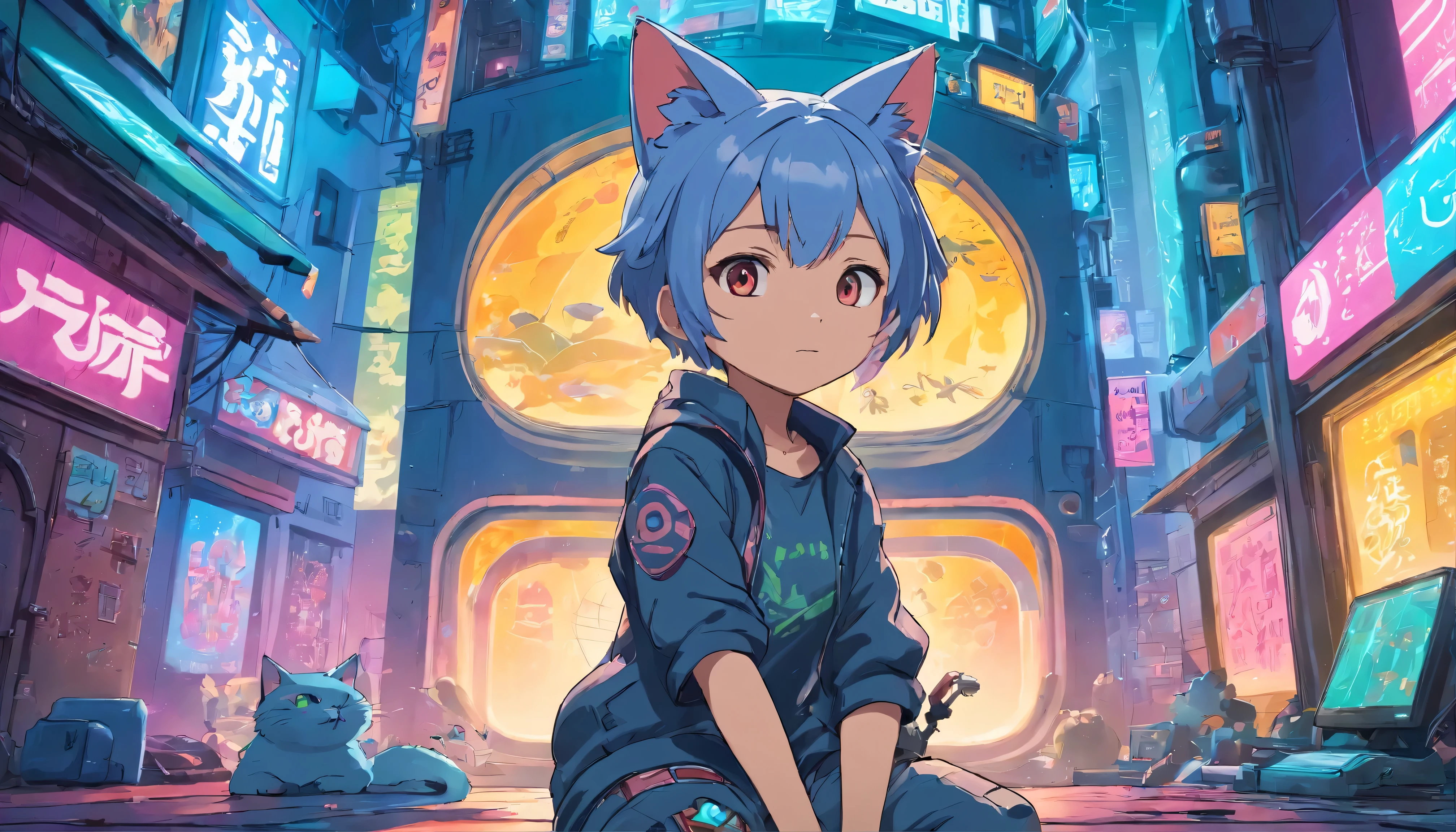 Masterpiece, Best quality, cat ears, Lots of detail, (full body:1.2), tchibi, Cyberpunk,3D rendering of, Q printmaking style,A trendy (cyberpunk style:1.3) ,Eating bubble gum,facing at the camera,Sit on the ground located in the lower left corner of the picture,Back against a wall,There are colorful marine world graffiti full on the walls