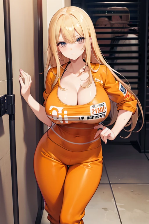 Mugshot, looking at viewer, behind bars, huge breast, prisoner, orange Prison jumpsuit, jail cell, locked up, blonde hair, long hair, dominated, prisoned, jailed, jail cell