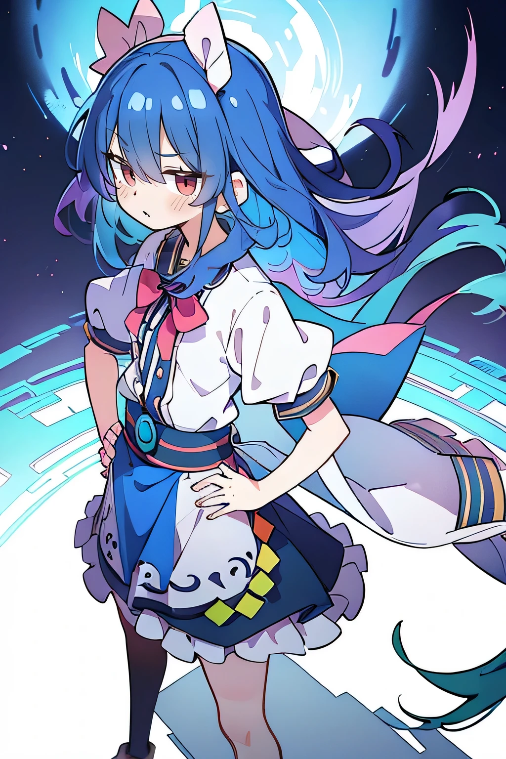 (masterpiece),best quality, expressive eyes, perfect face, 1girl,
 Put your hands on your waist,fair, Gorgeous,Japanese cartoons,girl,lola,Hina Angel, blue hair, blue haired, floating clothes,Grab your waist, Grab your waist, hands on hips , hands on hips,flat chest