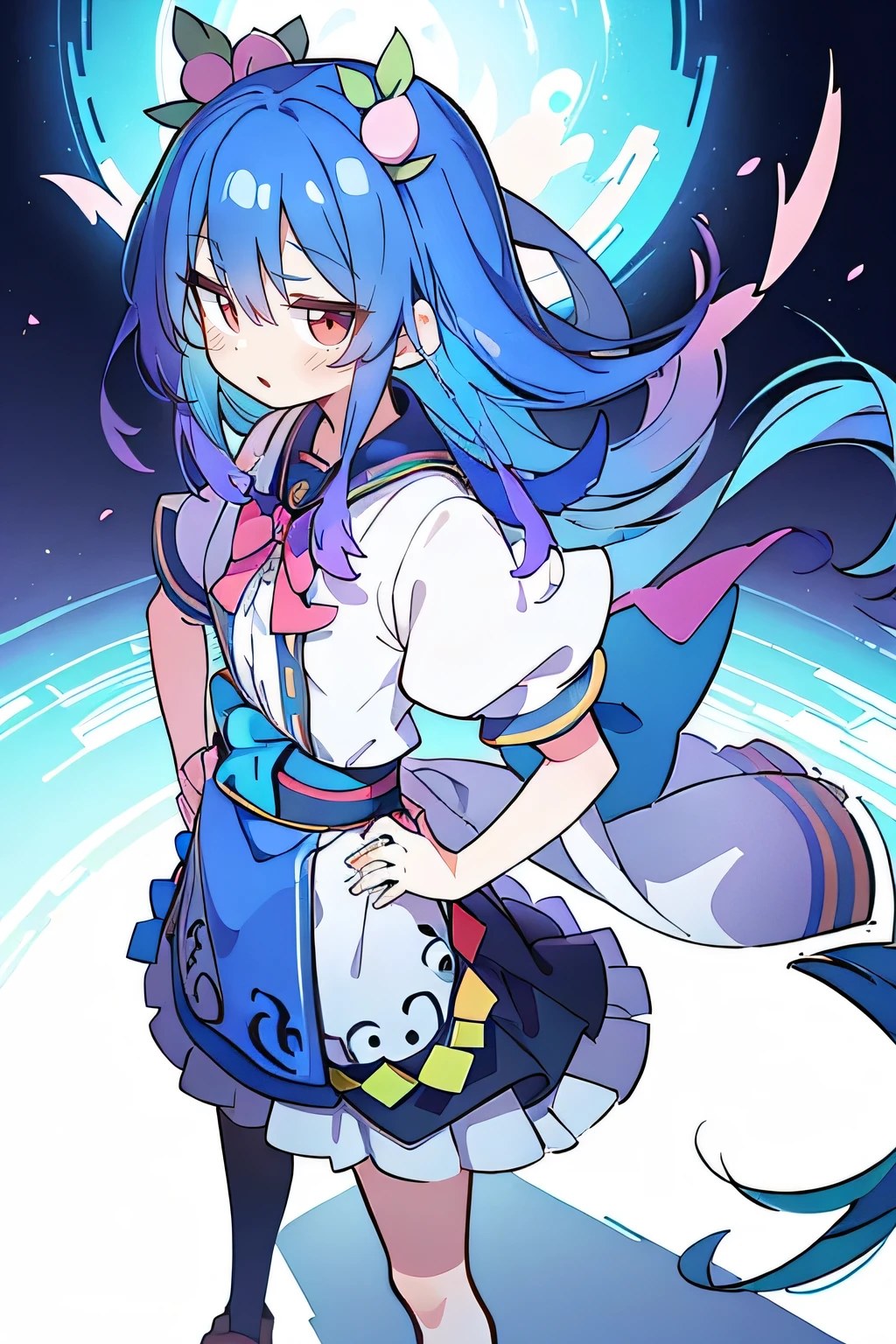 (masterpiece),best quality, expressive eyes, perfect face, 1girl,
Put your hands on your waist,fair, Gorgeous,Japanese cartoons,girl,lola,Hina Angel, blue hair, blue haired, floating clothes,Grab your waist, Grab your waist, hands on hips , hands on hips,flat chest