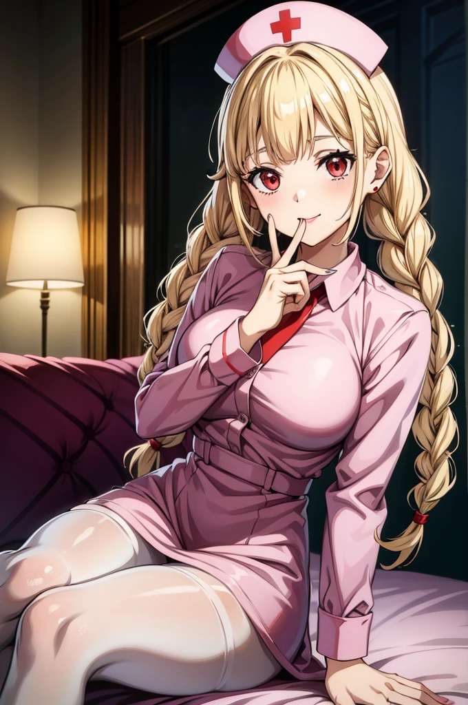 a female character with blood stained lips and dressed as nurse/anime character, 1girl, nurse, jewelry, solo, nurse cap, blonde hair, braid, twin braids, hat, finger to mouth, red eyes, earrings, pantyhose, looking at viewer, smile, shushing, breasts, dress, long hair, sitting, index finger raised, lamp, indoors, bed, white pantyhose, bangs, nail polish, on bed