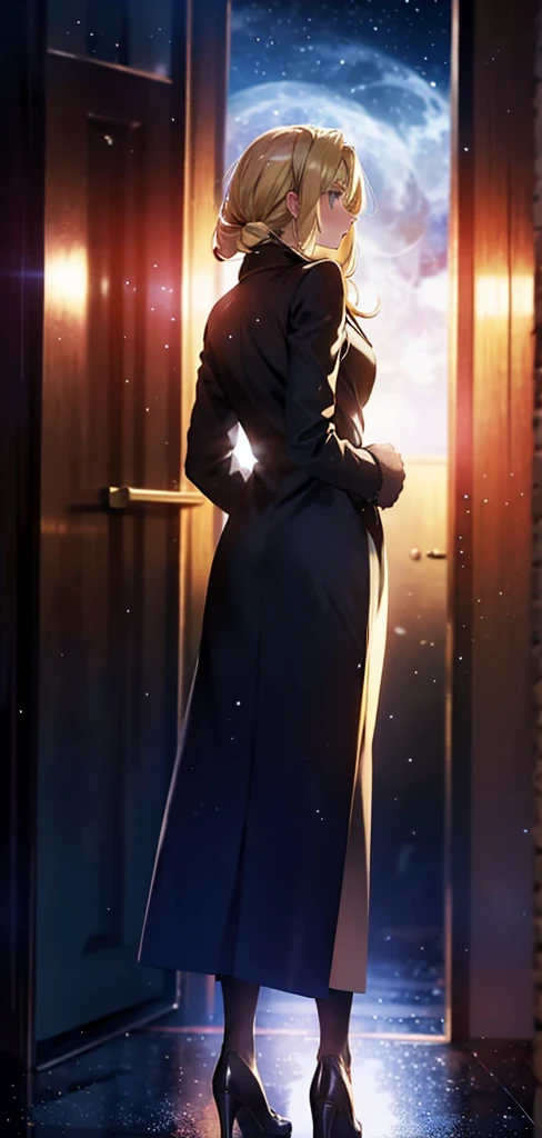 blonde woman,long coat,Rear view,silhouette,starry sky,full moon,Behind the door is another world,