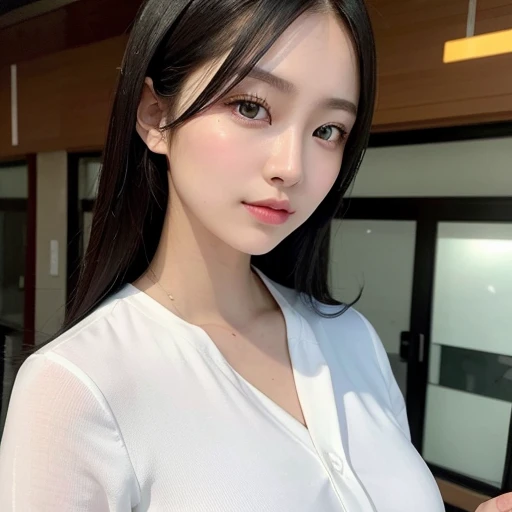 (Top-quality: 1.2) Laptop, held effortlessly in one hand, glows with the latest technology, illuminating the bustling office district. A white shirt, perfectly tailored, embraces the figure of a dressed Japanese beauty as she confidently walks through the streets. Her presence is captivating, with a cute face and a slight smile that exudes professionalism and charm. The sunlight gently kisses her raven-black hair, contrasting beautifully against her fair complexion. Every detail is meticulously captured in this high-resolution masterpiece, showcasing the delicate features of her well-formed face. Her piercing green eyes, adorned with a touch of turquoise eyeshadow and reddish eyelashes of the highest quality, captivate anyone who dares to meet her gaze. This breathtaking image