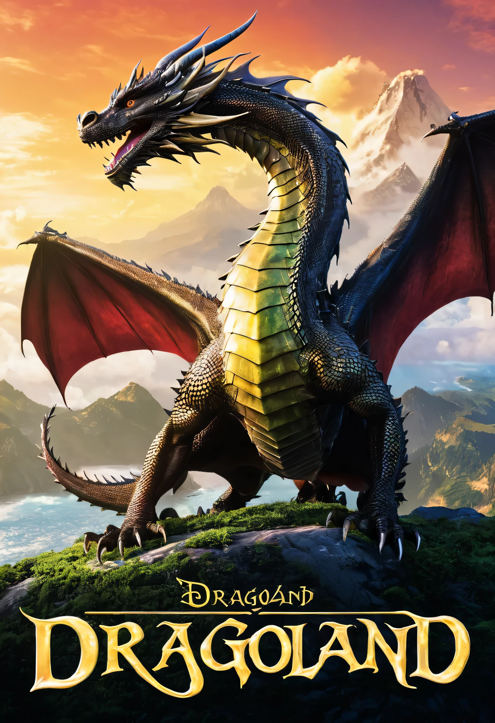 An image with a dragon behind it and that says dragoland 