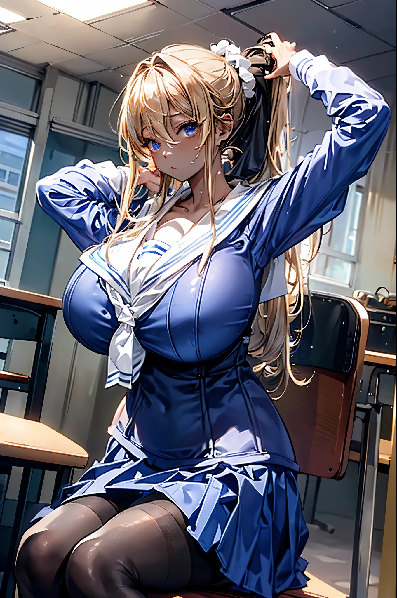 (masterpiece:1.2、highest quality、T Masterpiece)、1 female、alone、classroom、Day、stand、blonde、ponytail、blue eyes、(sailor suit:1.25)、(black skin:1.25)、big breasts、pantyhose、put your hands behind your head、corset、earrings、lipstick、very sweaty、Scrunchie、choker、blush