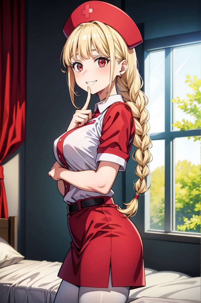 a woman wearing a nurse outfit standing in front of a bed with a window, 1girl, nurse, solo, nurse cap, blonde hair, braid, hat, smile, red eyes, long hair, twin braids, pantyhose, indoors, breasts, looking at viewer, grin, curtains, jewelry, bed, dress, short sleeves, earrings, bangs, finger to mouth