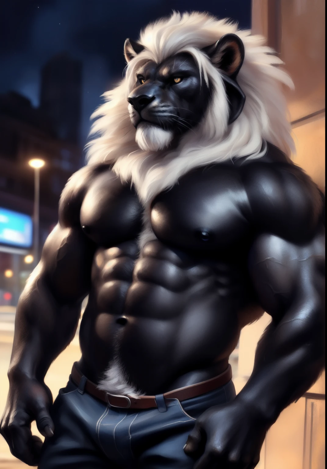 Lion, male, solo, adult, ((long white mane)), ((deep black face)), ((white arms)), ((black hands)), ((black sclera)), ((white eye iris)), detailed face, beautiful eyes, detailed eyes, shirtless, muscular chest, huge muscular, ((deep black pecs)), ((deep black abs)), ((deep black chest)), ((long pointed ears)), bodybuilder body, night, gray jeans pant, angry face, by bruteandbrawn, by personalami, by kenket, (intricate, high detail, film photography, soft focus, RAW candid cinema,
photorealism, realistic, photorealistic, analog style, subsurface scattering,
masterpiece, best quality, ultra realistic, 8k)