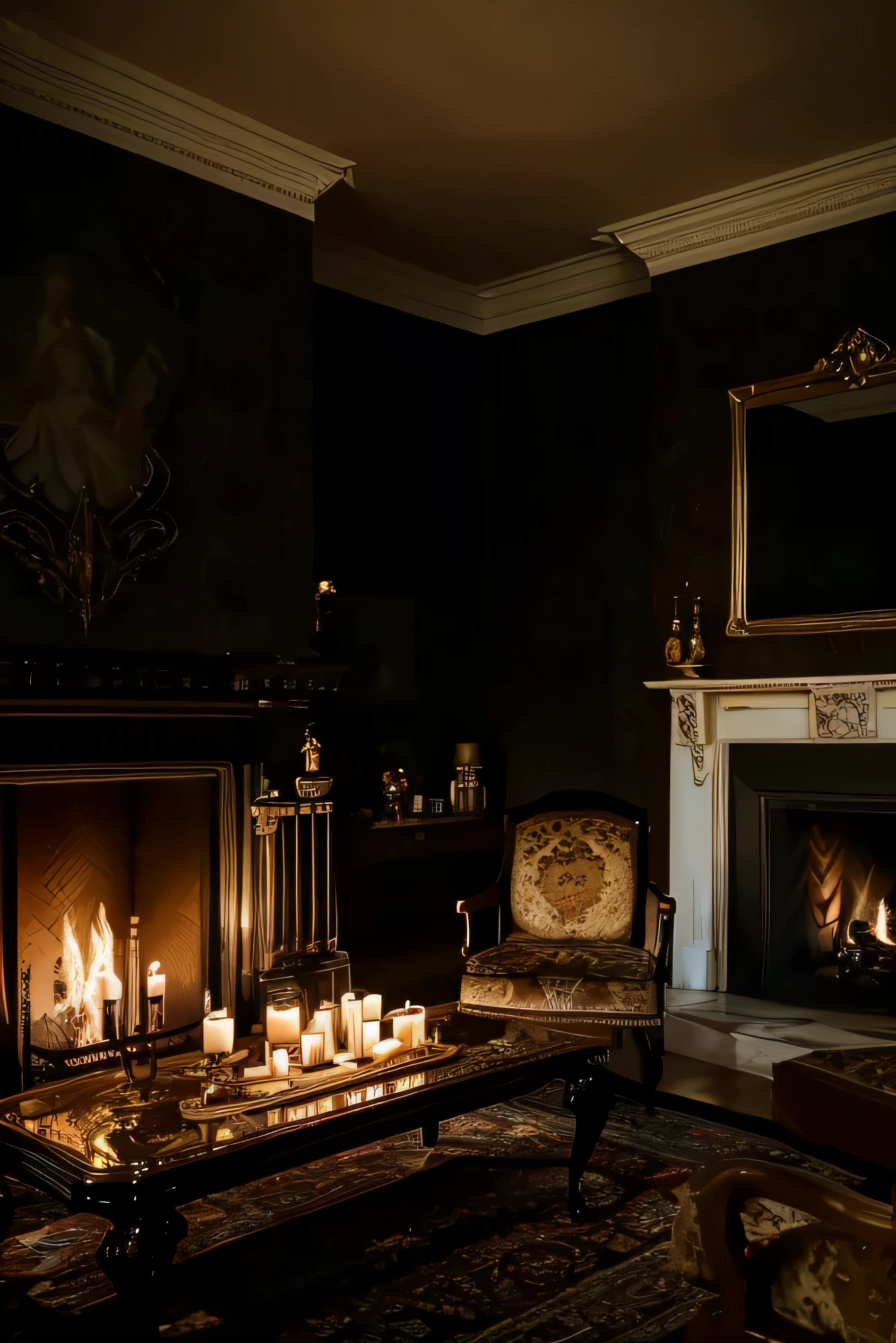 (best quality,4k,8k,highres,masterpiece:1.2),ultra-detailed,(realistic,photorealistic,photo-realistic:1.37),vivid colors,warm and cozy atmosphere,classic,fireplace,living room,victorian style,ornate furniture,antique decor,velvet drapes,elegant chandelier,artistic composition,intimate lighting,soothing ambience,comfortable armchairs,delicate patterns on the walls,refined antique objects,rich textures,soft and warm color palette,crackling fire,Illuminated oil paintings,carved fireplace mantel,shadows dancing on the walls,subtle candlelight,balanced proportions,floral motifs,plush rugs,inviting seating arrangement,timeless elegance,peaceful setting,refined details,aesthetic sensibility