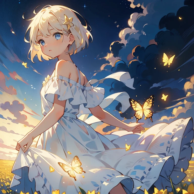 Depicts a carefree girl in a windswept flower field, surrounded by glowing Butterfly. stars light up the sky, The sun casts a warm light. Add bokeh for a dreamy touch. Vision, starlight, Butterfly, masterpiece, best quality,high dynamic range.ultra high definition.4k,8k,k,Very detailed,Super fine,extremely detailed description,professional, Volumetric light, platinum blonde, bob cut, Butterfly, best quality, illustration, Beautiful and delicate eyes, blue eyes, posture, Off the shoulders,white clothing, starry sky, permanent, from below, The sun is dazzling, Sun visible at night