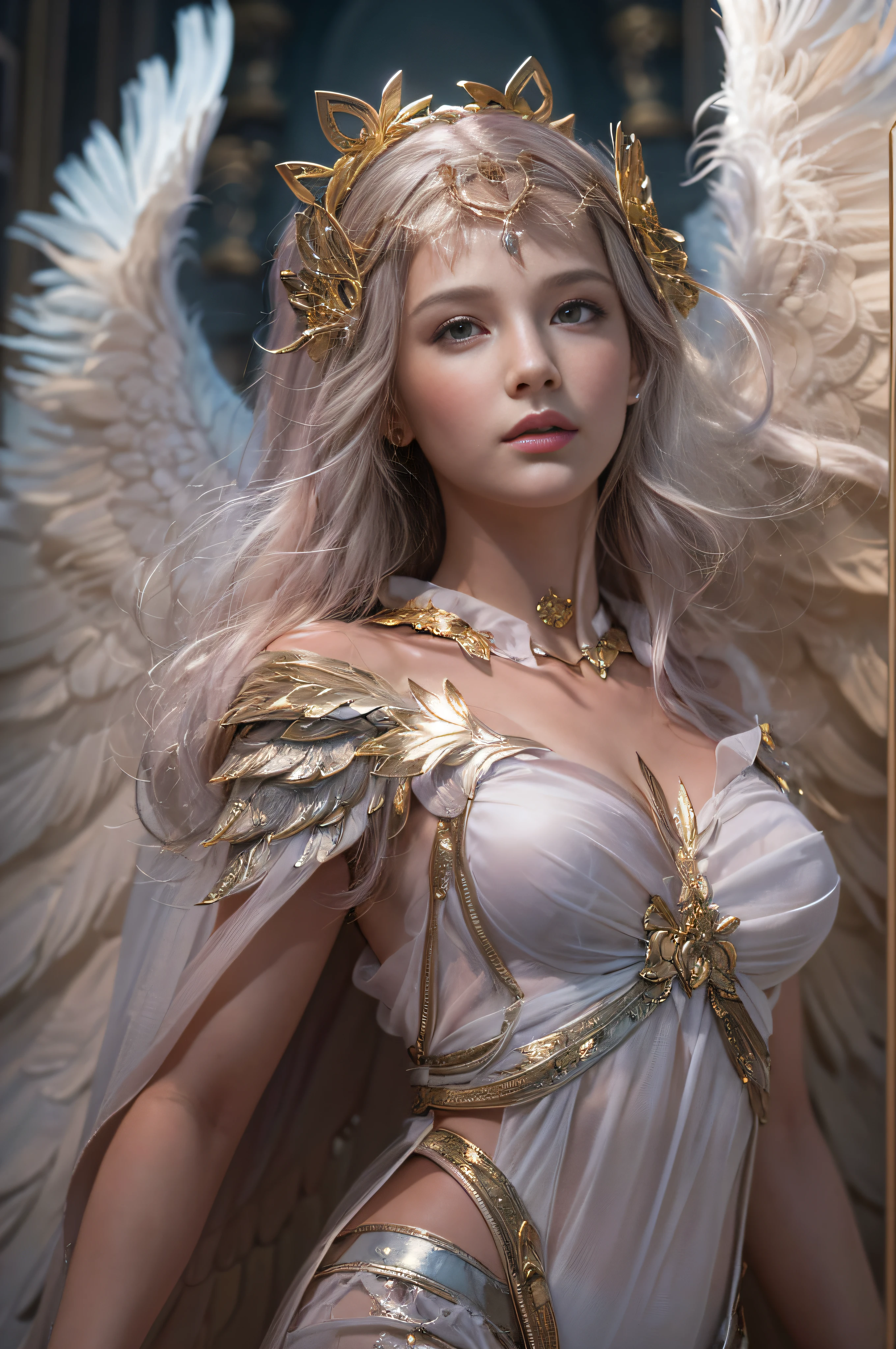 (masterpiece, high quality, realistic, very detailed, octane render, Unreal Engine, 8K HD, very detailed, realistic skin texture, best quality, ultra high resolution, RAW photos, dramatic lighting, Unreal Engine, Diffused light, dynamic pose), A full body photo of a beautiful female archangel with beautiful pink features would probably be impressive.., An ethereal appearance that inspires awe and wonder in all who see her.. She may have piercing lilac eyes that seem to glow with an inner light., Framed by long eyelashes that brush her delicate cheekbones.. Her skin might be as pale as porcelain, soft, Rosy blush accentuates her high cheekbones.. 

Long flowing hair with gold or silver highlights., Hair in a loose, expressive style, Her wings will sparkle with a gorgeous, supernatural light with iridescent feathers.. they are big and impressive, giving her an aura of power and majesty

A vision of divine beauty, radiate grace, power, And everyone who sees her wonders.  cinematic, dramatic