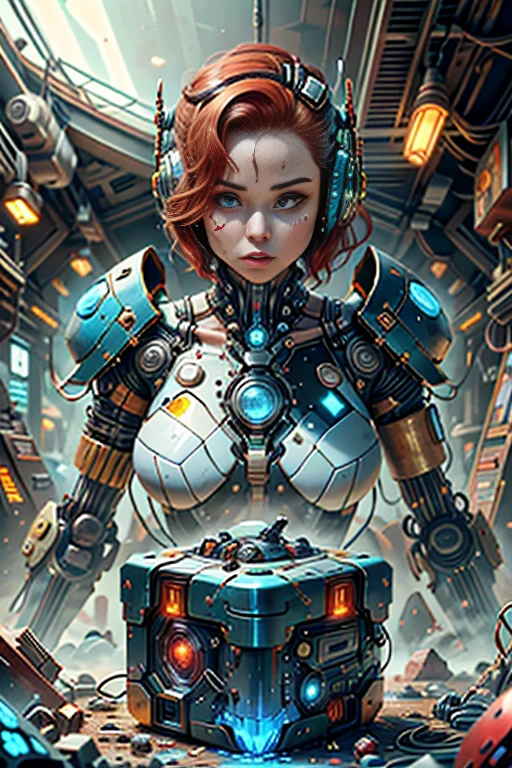 (best quality,4k,8k,highres,masterpiece:1.37), ultra-detailed, (realistic,photorealistic,photo-realistic:1.37), (aerial view), (top down perspective), 1woman, (the focal point is a woman pulling a video game cartridge out of a futuristic artifact box full of retro video game cartridges:1.6), (the woman is looking at the box:1.4), (Futuristic artifact box), (the artifact box is open), (The scene unfolds inside a mystical cavern:1.4), joints, mecha, (The woman is wearing a mecha exoskeleton made with blue glass details, covering her entire body:1.5), (She has a blue glass helmet visor protecting her forehead:1.4), (dynamic angle:1.37), reelmech, mechanical parts, fractal_body, (The woman's hair is made of fractal technologic components:1.4), (She has short red hair:1.37), (fantasy and sci-fi mixed:1.37), holographic glitch effects floats around the woman, vibrant colors, (A blue glow emanates from inside the treasure chest), glowing lights, (abandoned machinery), (there are video game cartridges and consoles on the background), mystical creatures, (there are crystal formations spreading on the background), (futuristic technology), (ancient artifacts), mystical energy, vibrant retro aesthetic, atmospheric lighting, ancient ruins, mysterious symbols, lush vegetation, interdimensional portals, nostalgic atmosphere, epic adventure, delightful surprises