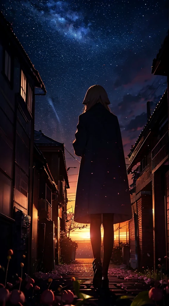 １people々々々々,blonde long hair，long coat，silhouette， Rear view，space sky, milky way, anime style, cherry blossoms，夜cherry blossoms，辺り一面に舞うcherry blossoms吹雪，Night view of the city from the mountainside，