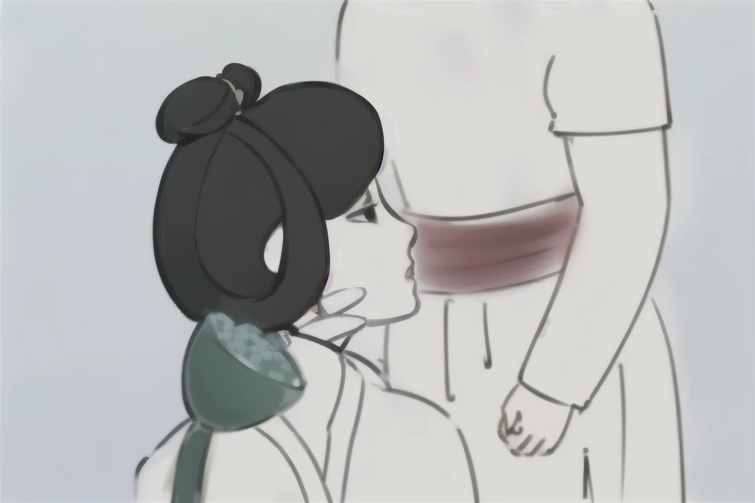 Cartoon of a woman talking to a man in a white shirt, Inspired by Kitagawa Utamaro, inspired by Suzuki Harunobu, Japanese animation style, Kitagawa Kataro style, Inspired by Nishikawa Yunobu, Inspired by Uemura Matsuen, Snow woman’s sharp gaze, Inspired by Ito Shinsui