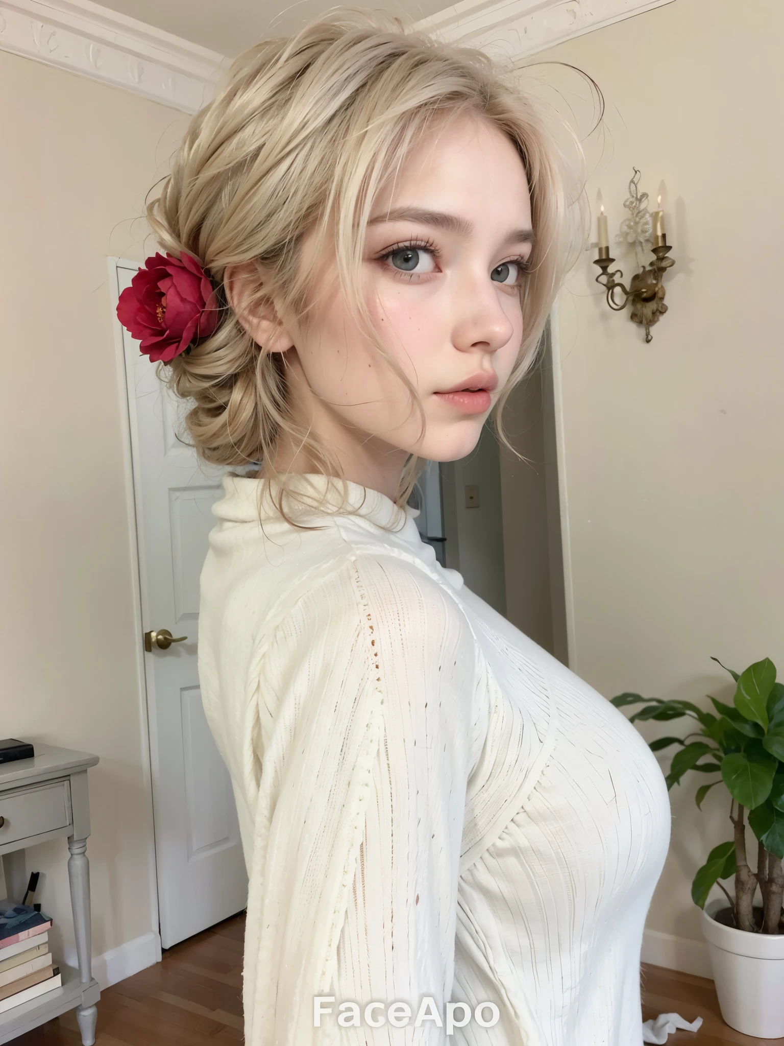 Mujer peliblanca con rosa en el pelo posando para una foto., rosa en el pelo, xqc, cabello blanco ondulado desordenado, red rosa en el pelo, rosas en su cabello, ciri del brujo, su cabello es blanco, pale skin curly blonde hair, pelo blanco y rizado, tiro en la cabeza de medio cuerpo, flor en su pelo, inspirado en anime, mejillas rosadas