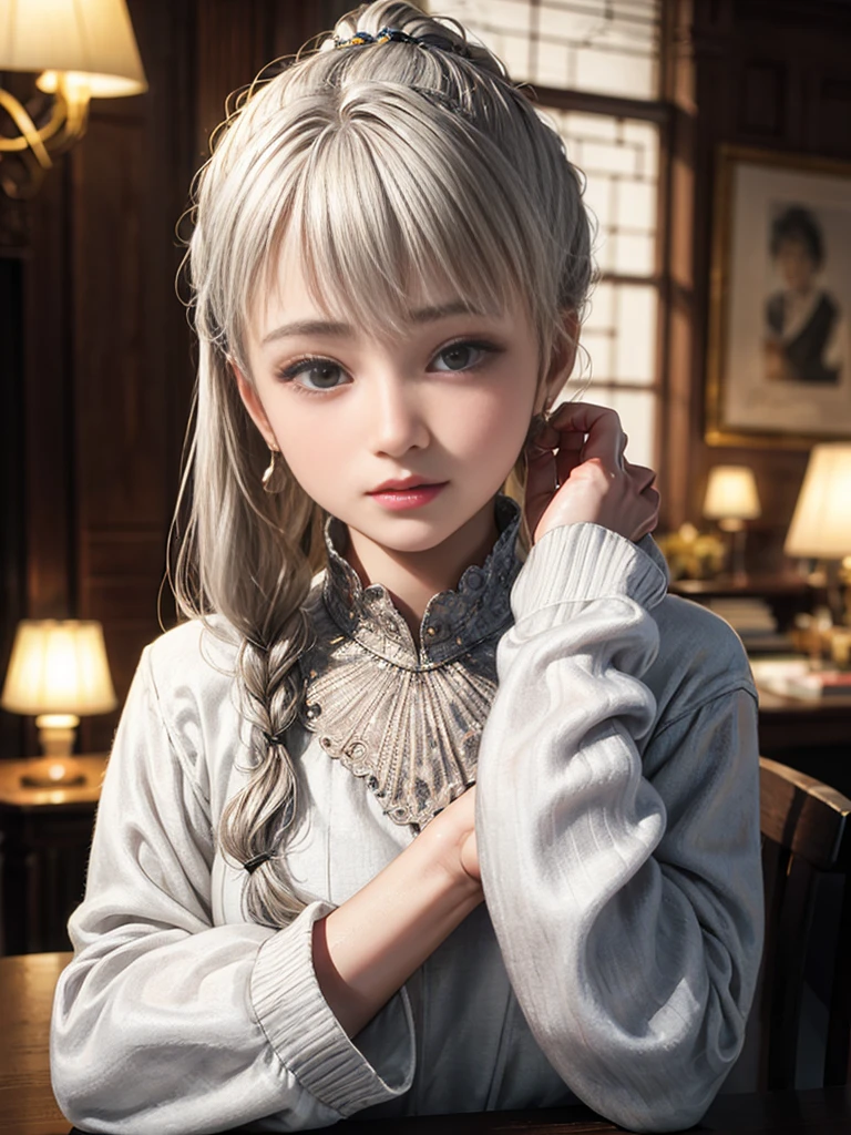 (highest quality, masterpiece:1.2), ultra high resolution, realistic, front light, intricate details, Exquisite detail and texture, 1 girl, alone ,(young), facial highlights, Upper body, detailed face, Tears mole, white skin, silver hair, ponytail, braid hair, looking at the viewer, Big eyes, silk robe, (hollow pattern, white, silk), earrings, small breasts, Because I'm slender, luxury room, professional lighting, photon mapping, radio city, Physically based rendering,