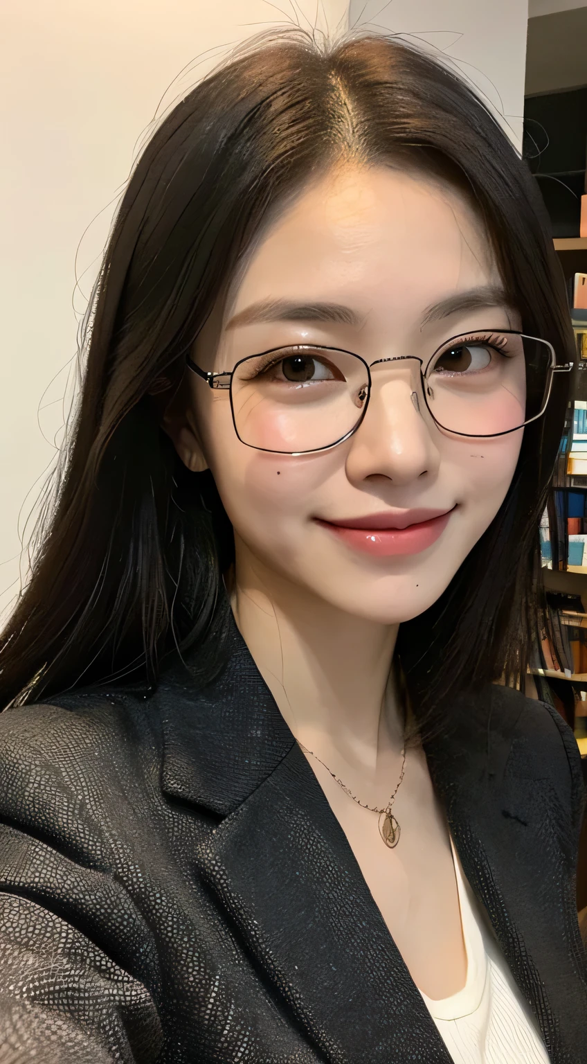(8K、RAW photo、highest quality、masterpiece:1.2)、(realistic、Photoreal:1.37)、super detailed、超A high resolution、1 girl、37 years old、see the beholder、beautiful and detailed face、A smile that shows some teeth、narrow、(slim waist) :1.3)、blazer、Beautiful and smooth skin、skin texture、floating hair、tied one's hair together、professional lighting、autumn dusk、book library、(((Black square glasses )))、human body as a whole、black hair、Accept the book、intellectual