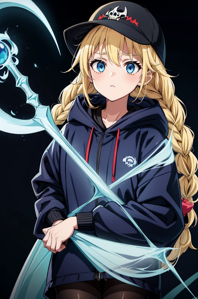 beautiful illustration, scary face, ((intimate darkblue mist background), (scythe), ((solo)), (best quality), (Grim Reaper girl), black tights, , visible through hair, (wearing grim reaper clothes), (hood), skull skin, (transparency white hair), pointed end blue, skull eye, (perfect anatomy), (phantom monsters), blood, masterpiece,,insanevoid, glowing eyes, extra eyes, horror \(theme\),Eiko Tsukimi, blue eyes, braid, twin braid,(((blonde hair))),baseball cap