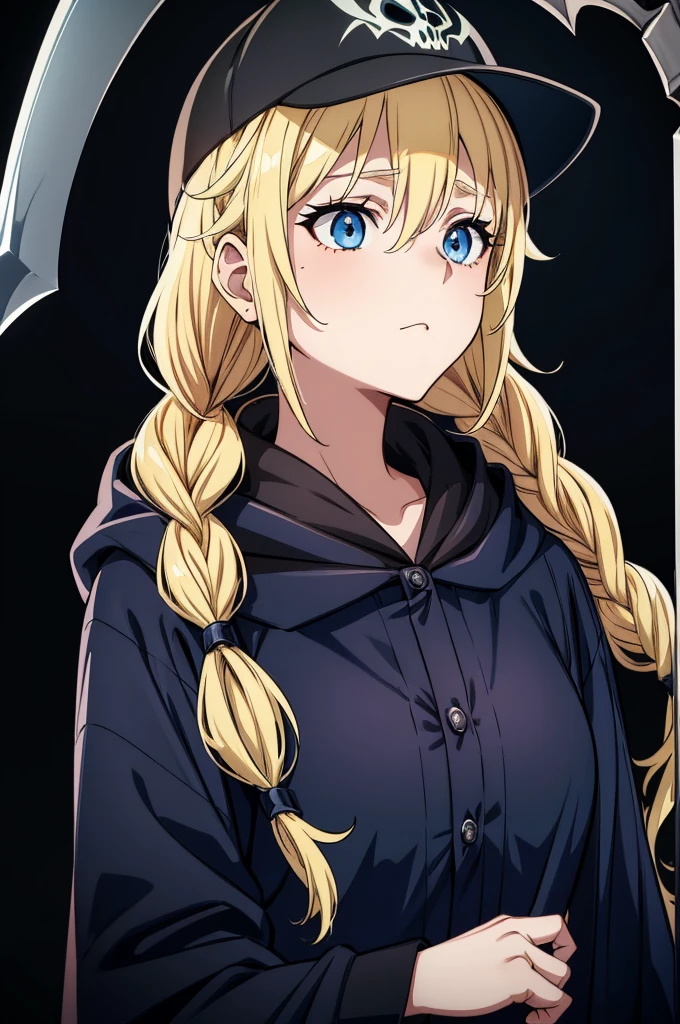beautiful illustration, scary face,  ((intimate darkblue mist background), (scythe), ((solo)), (best quality), (Grim Reaper girl), black tights, , visible through hair, (wearing grim reaper clothes), (hood), skull skin, (transparency white hair), pointed end blue, skull eye, (perfect anatomy), (phantom monsters), blood, masterpiece,,insanevoid, glowing eyes, extra eyes, horror \(theme\),Eiko Tsukimi, blue eyes, braid, twin braid,(((blonde hair))),baseball cap