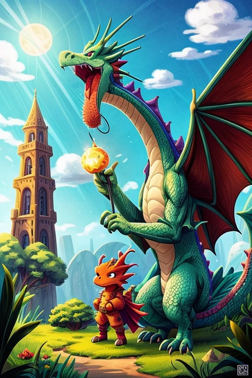 a dragon and a tall tower