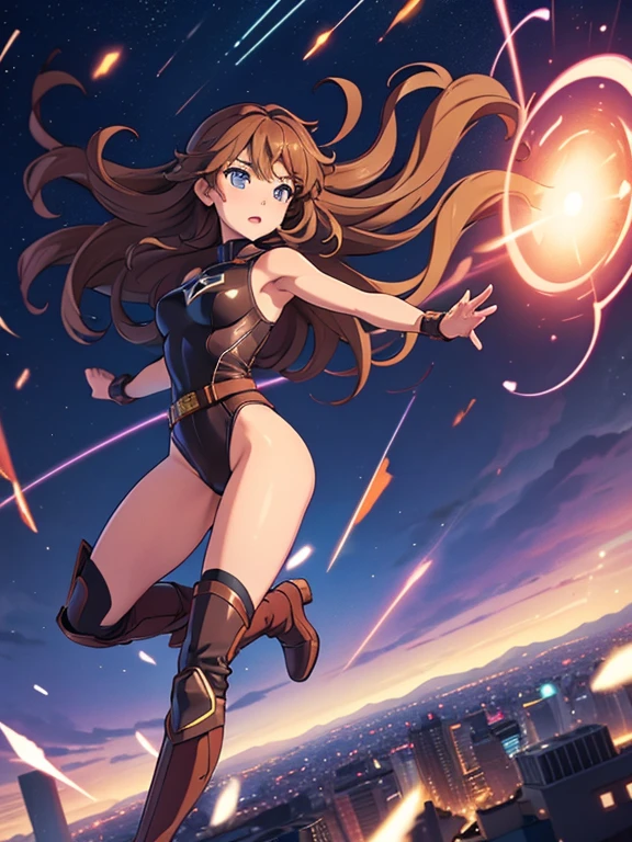 1girl, medium breasts, leotard, bare legs, tight belt, boots, matching boots, gloves, city backdrop, solo, single, full body shot, superhero, beautiful detailed eyes, mature lady, star symbol on chest, brown hair, high leg leotard, spinning her body in rapid speed like a tornado, wind swirls, rapid gyration, girl tornado spinning girl, turning to a whirlwind, outstretched arms, standing, time warp