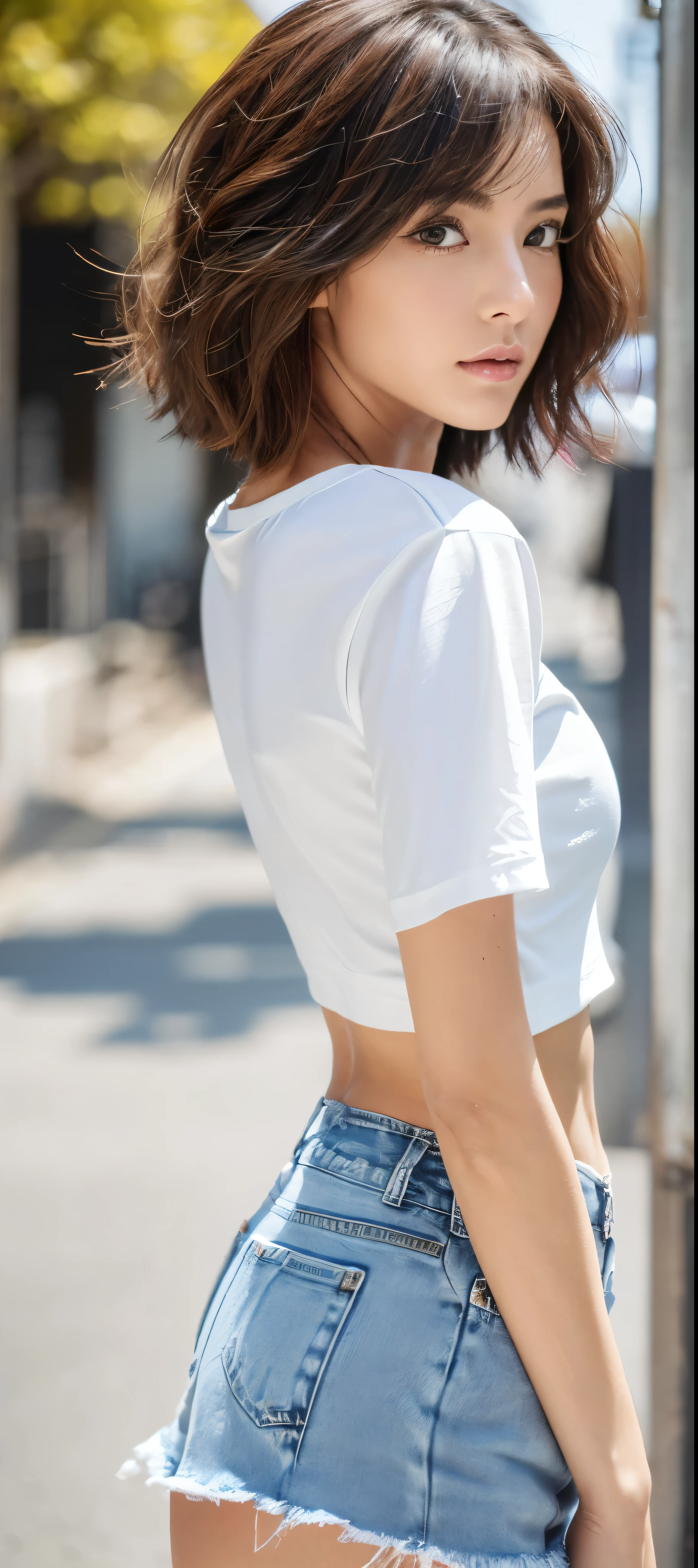(top-quality、8K、masterpiece:1.3))、sharp focus:1.2、Beautiful woman perfect body:1.4、Slim abs:1.2、((Bob Hair、:1.2))、(White T-shirt、denim:1.1)、(Sateen、a street:1.2)、wetbody:1.5、Three-dimensional texture、A detailed eye、Brown hair、posterior view