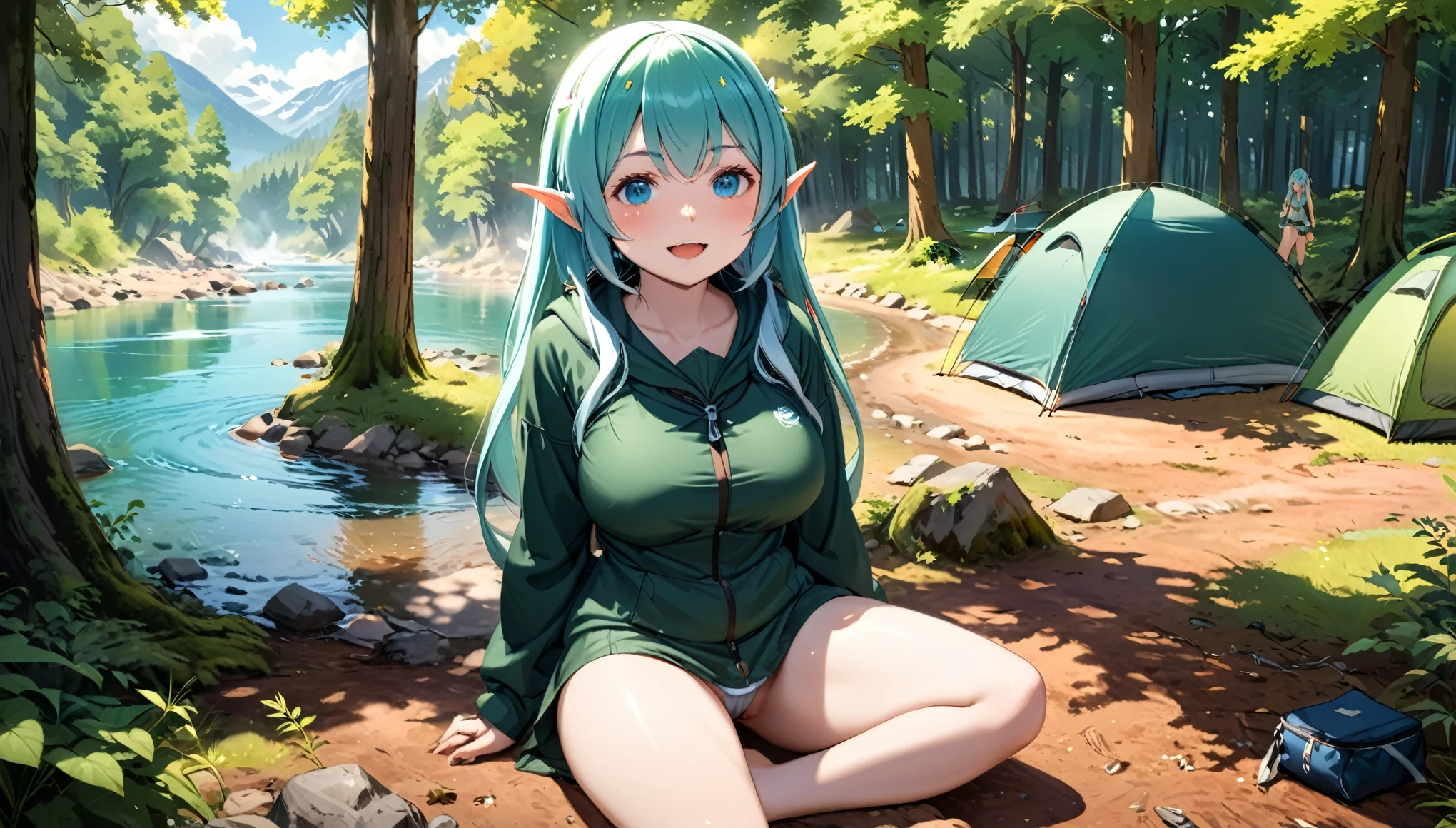 ((Masterpiece, highest quality)) , A beautiful elven girl, light blue hair,Hair style is twin tails, blue eyes,white skin, smile, fat  body type,breast, camping in nature, And multiple elven girls, light green hair, Wearing hunter-elf costume, looking at viewer, blush, smile, open mouth, bangs, hair between eyes, relaxing, outdoors, day, water, tree, tent, camping in nature