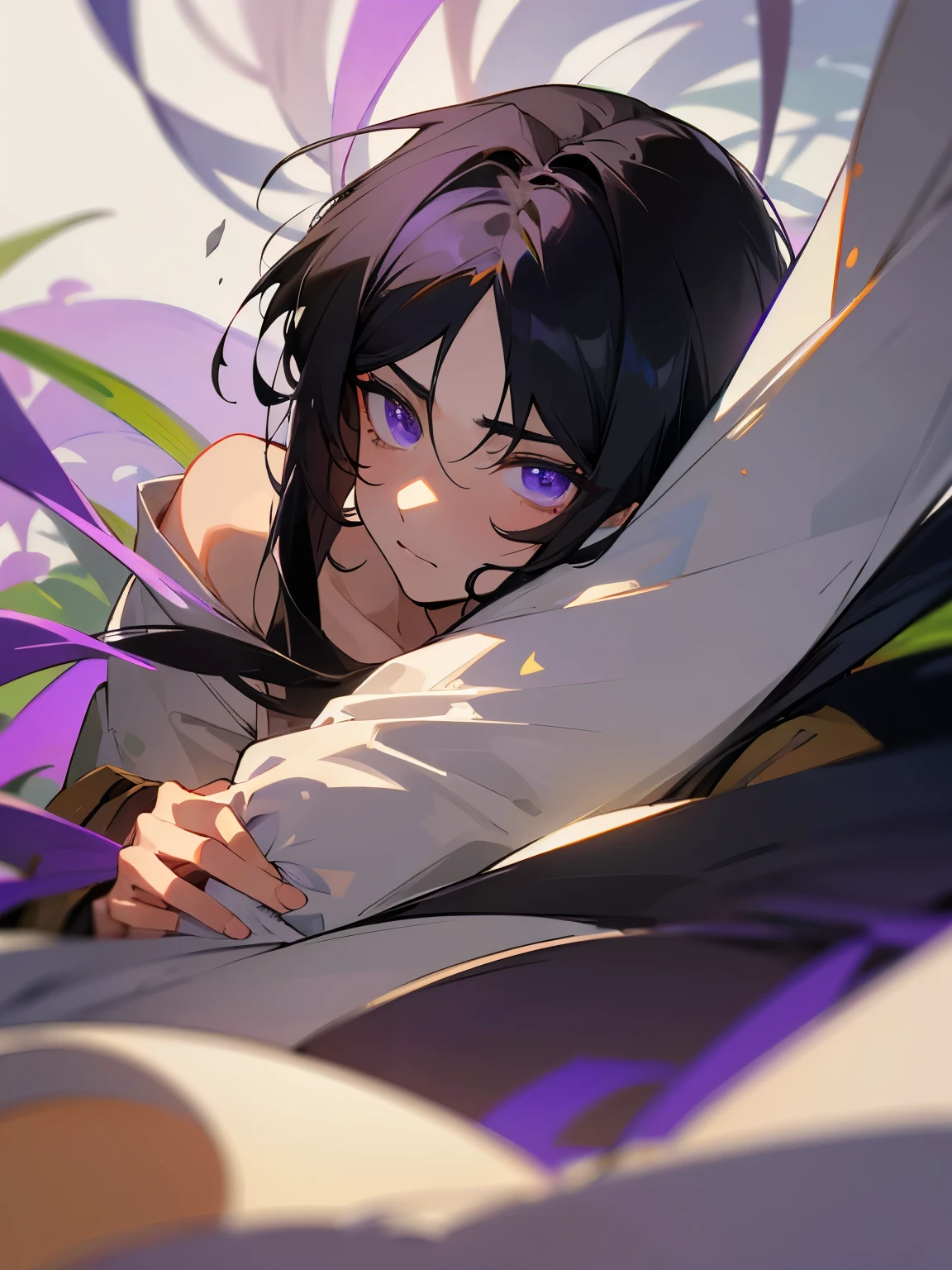 male, 22 years old, 2D, shoulder length black hair, Center parted bangs, eyes are half-moon-shaped,, Her eyes are white-violet, melancholy, Natural light, earth color,