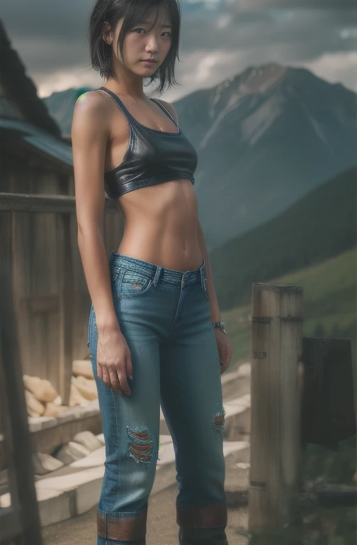 (cowboy shot),(Perfect Anatomy,top-quality、The ultra -The high-definition、hight resolution、extremely details CG、8K Unit Wallpapers),20-year-old、solo,Beautiful detailed eyes,black hair,shor bob hair,blunt bang,wet hair,(small breasts,slender body,skinny)、punk fashion、leather jacket、Tank top、torn denim pants、boots),standing,mountain hut、,Mountainous area,at night、