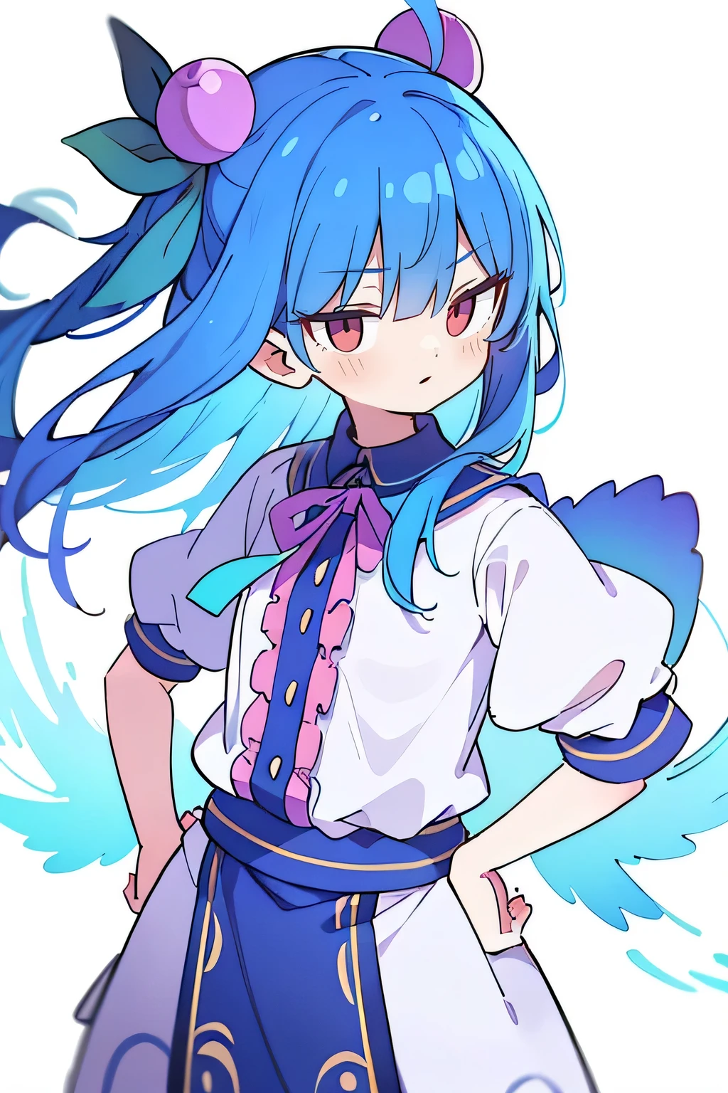 (masterpiece),best quality, expressive eyes, perfect face, 1girl,
 Put your hands on your waist,fair, Gorgeous,Japanese cartoons,girl,lola,Hina Angel, blue hair, blue haired, floating clothes,Grab your waist, Grab your waist, hands on hips , hands on hips,flat chest