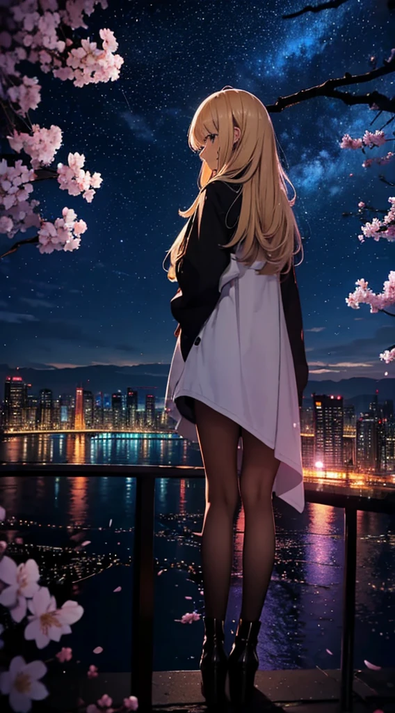 1people々々々々々,blonde long hair,long coat,silhouette, Rear view,space sky, milky way, anime style, cherry blossoms,夜cherry blossoms,辺り一面に舞うcherry blossoms吹雪,Night view of the city from the mountainside,