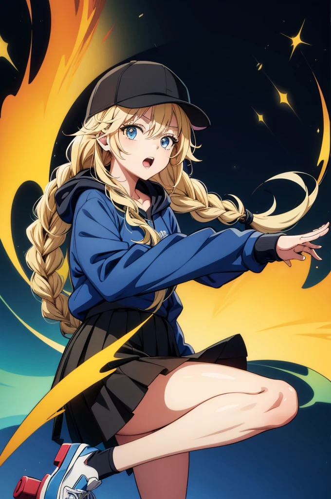 some anime cartoon with blonde hair wearing an oversized hoodie with a skateboard on her foot, 1girl, solo, blonde hair, blue eyes, hat, long hair, braid, twin braids, holding, baseball cap, black headwear, open mouth, skirt, black skirt, looking at viewer, hood, long sleeves, jacket, pleated skirt