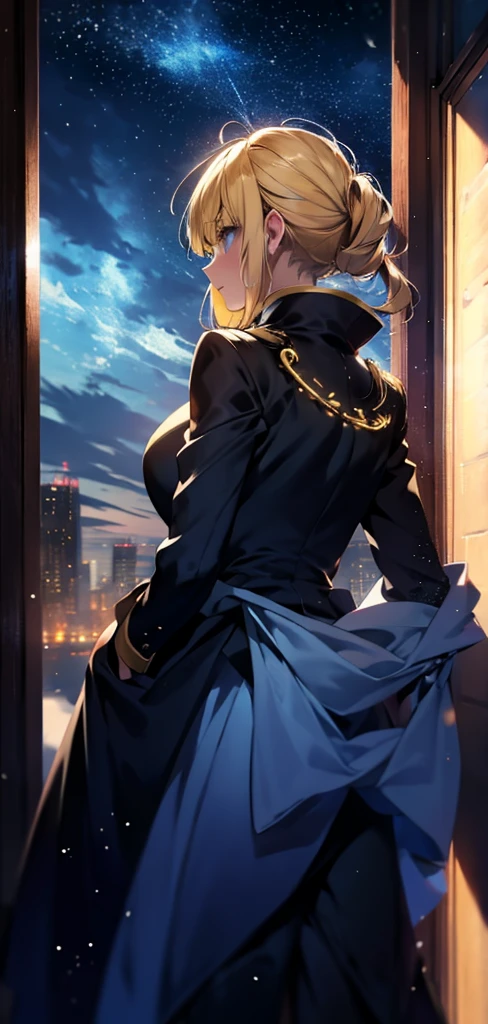 blonde woman,long coat,Rear view,silhouette,starry sky,full moon,Behind that door lies another world,
