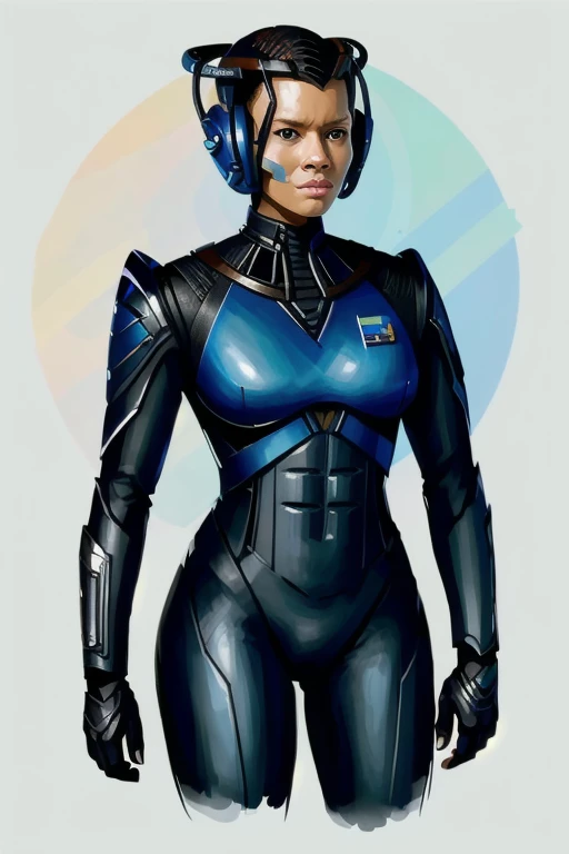 Black woman wearing blue sttldunf uniform,jamesdaly artstyle, BORG DRONE
