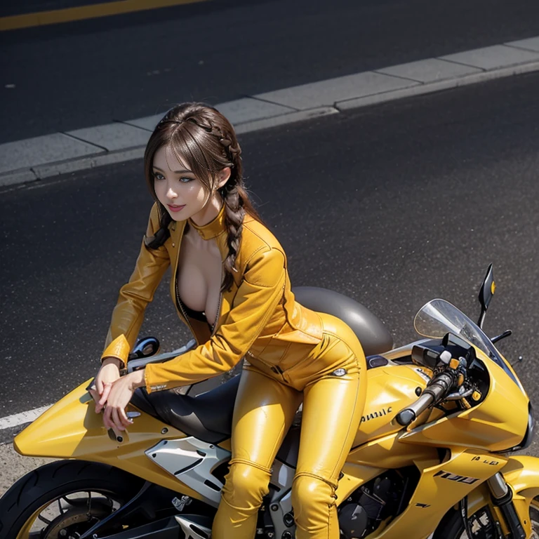 (realistic:1.5), 8K, Super high quality women, intricate body details, (short: 1.3), (highest quality: 1.0), (Super high sharpness: 1.0), (thin hair:1.4),(Beautiful and delicate depiction of eyes),((((ride a motorcycle)))),unreal engine:1.4,photorealistic:1.4, skin texture:1.4, masterpiece:1.8,highest quality at best,full body shot、(((Yellow riding leather suit and trousers)))、long limbs、smile、((braided hair))、camel toe、huge tit、nipple puff、cleavage、Plump、Super big breasts、super big butt