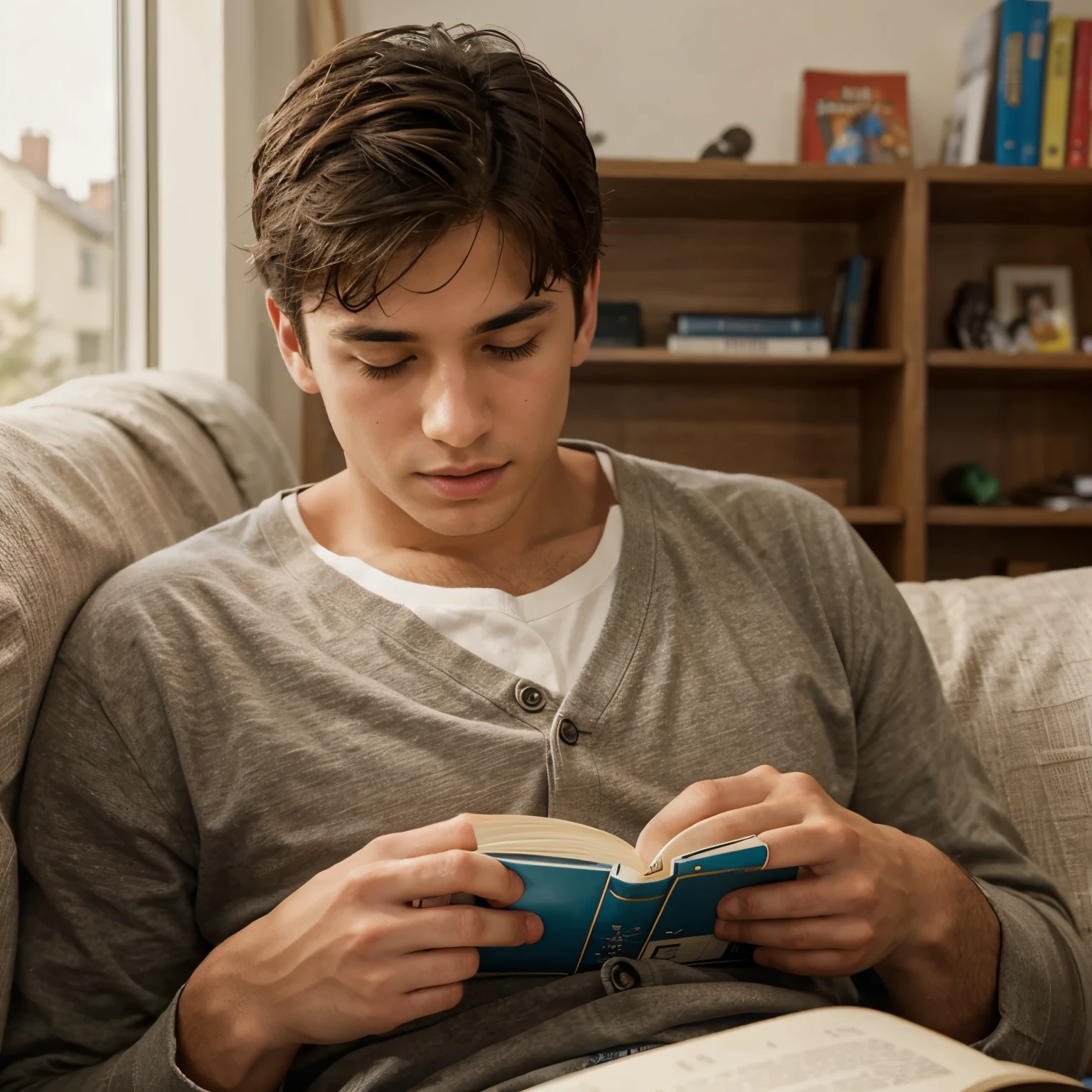 Handsome boy reading a book with a gkasses on