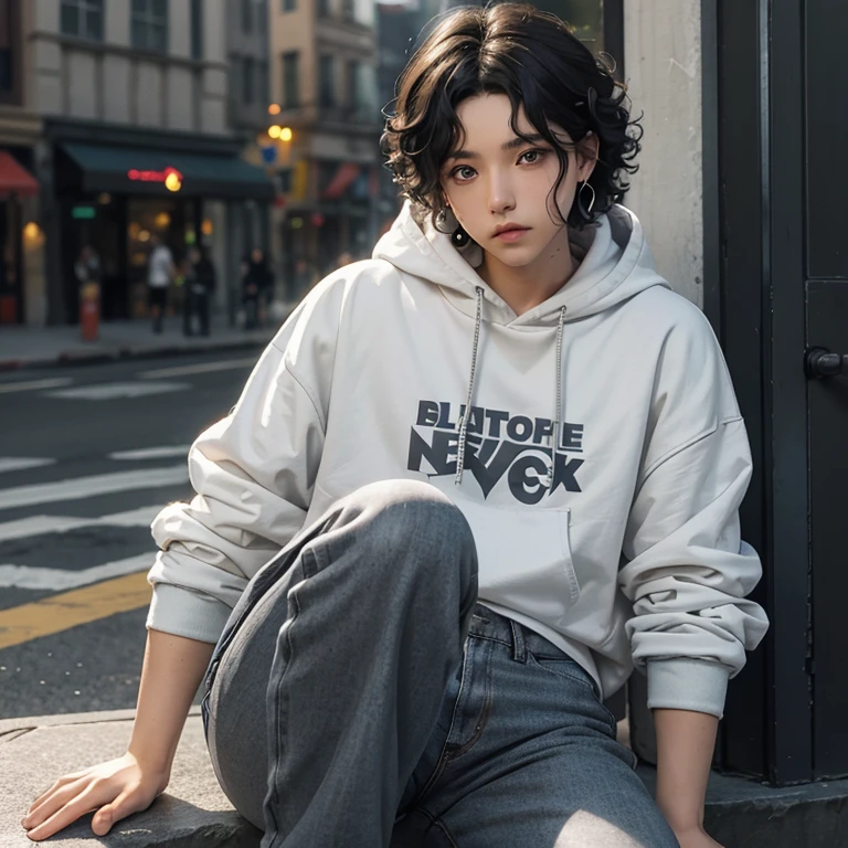 white man, short black hair, slightly curly hair, gray eyes, serious face, blue shirt, black pants, hoodie, perfect face, animelike, earring on left ear, highlights, colorfull