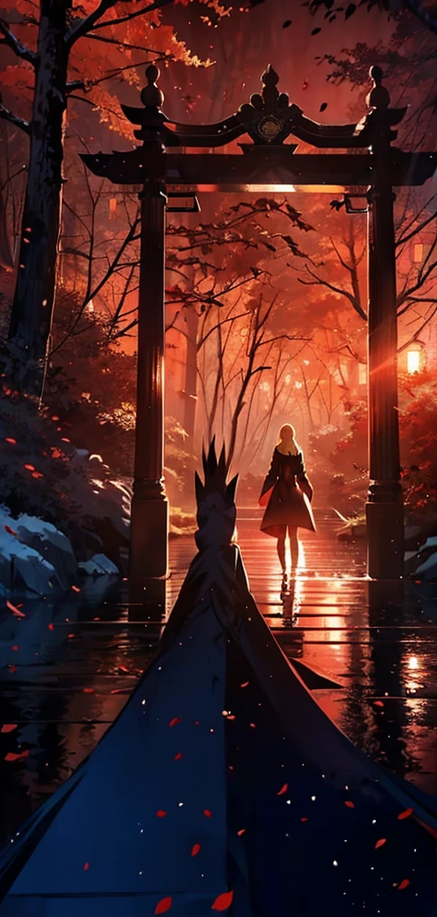 blonde woman,long coat,Rear view,silhouette,sexy body,red forest,Red Moon,Red Night,gate,gateの先に別世界,