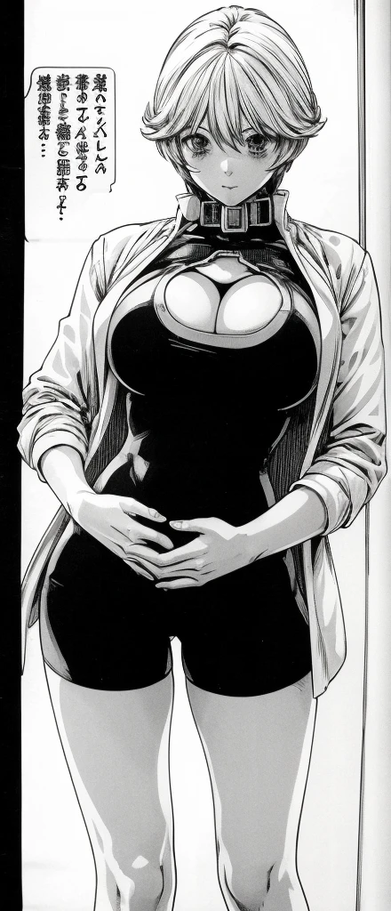 Suzune is standing facing forward with her hands on her hips and blushing.。It emphasizes the chest。